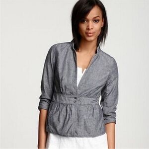 Eileen Fisher Chambray Stand Collar Peplum Blazer Jacket Size Medium
